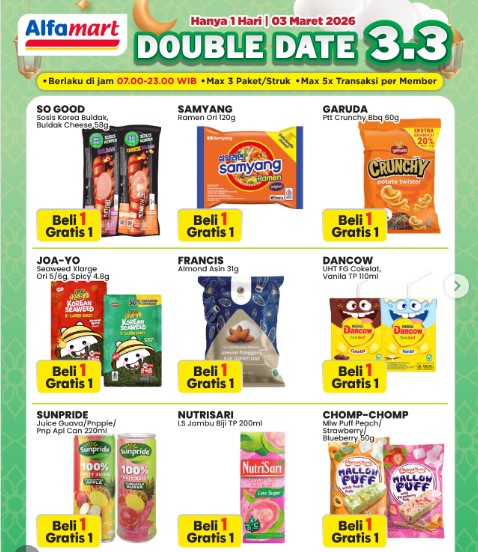 Promo Alfamart Double Date 3.3: Spesial Sale Beli 1 Gratis 1 Hanya Satu Hari!