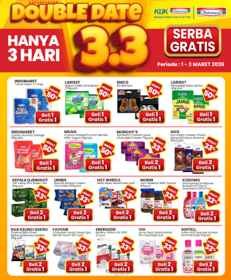Cuma 3 Hari! Promo 3.3 Indomaret 2026: Banyak Produk Beli 2 Gratis 1 Dan Diskon Hingga 50%