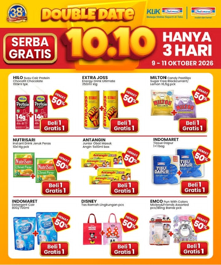 Promo Indomaret Double Date 10.10: Serba Gratis Beli 1 Gratis 1 Periode 9-11 Oktober 2026