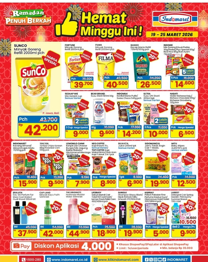 Promo JSM Indomaret 19–25 Maret 2026: Diskon Minyak Goreng 2L, Aqua botol Rp2.950!