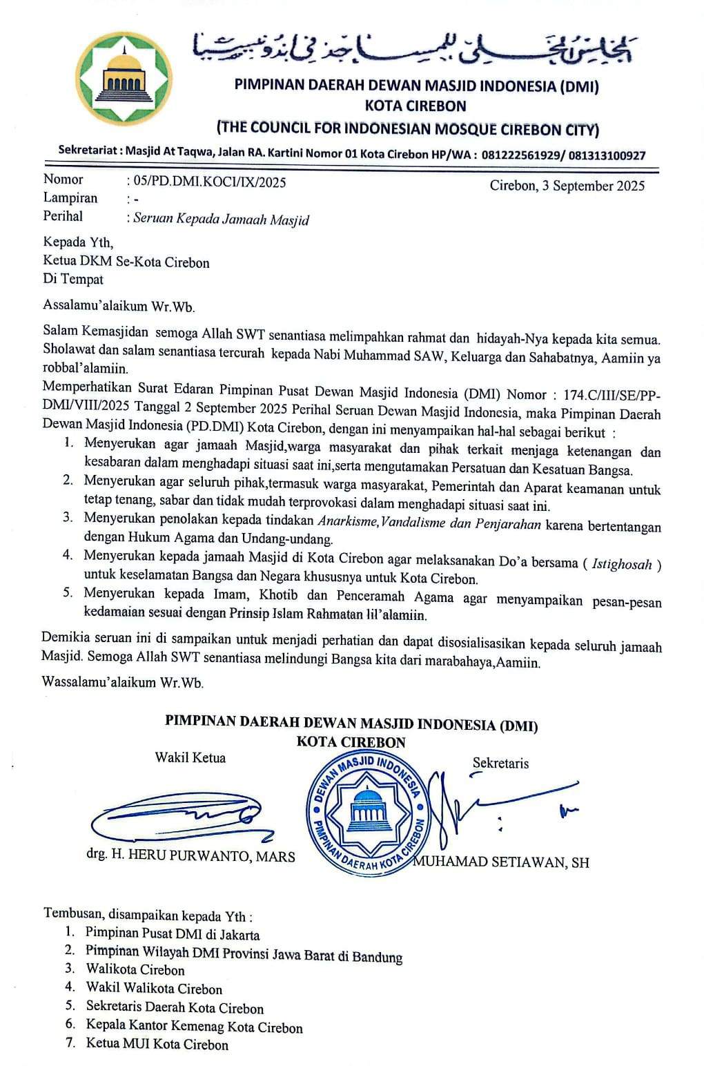 DMI Kota Cirebon Seru Para Jamaah Masjid Doa Bersama untuk Keselamatan Bangsa