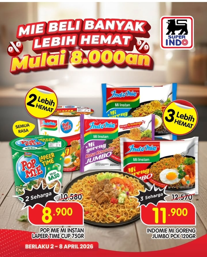 Katalog Superindo Hari Ini 2-8 April 2026: Promo Mie Instan Mulai Rp8.000-an dan Diskon Sayur Segar!