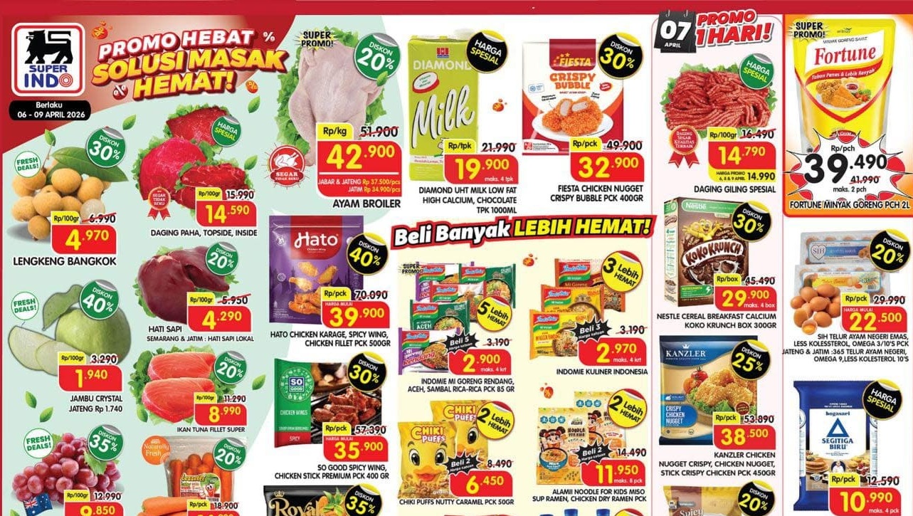 Katalog Promo Superindo Weekday 6-9 April 2026: Ayam Broiler Cuma 42.900 & Fortune Minyak Goreng 2L 33.900