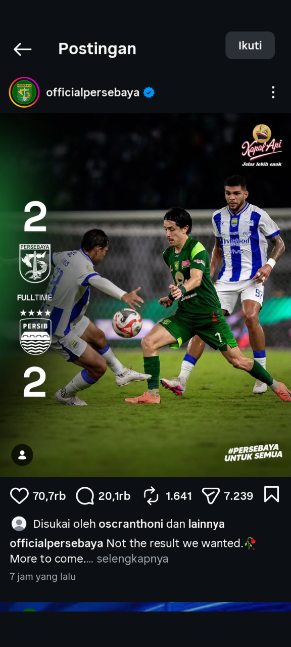 BRI Super League: Hasil Persib Bandung vs Persebaya Surabaya Saling Balas Gol Berakhir Imbang 2-2