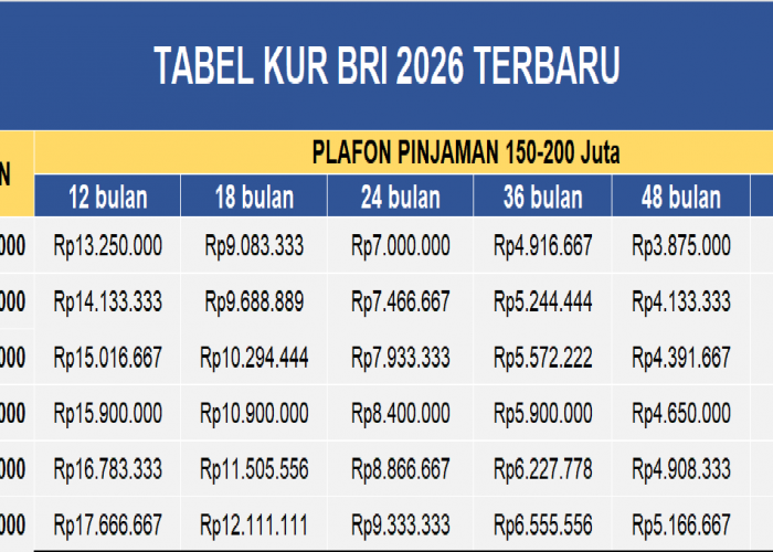 Tabel Angsuran KUR BRI Pinjaman Rp 150-200 Juta, Cicilan Mulai Dari Rp 3.25 Juta per Bulan