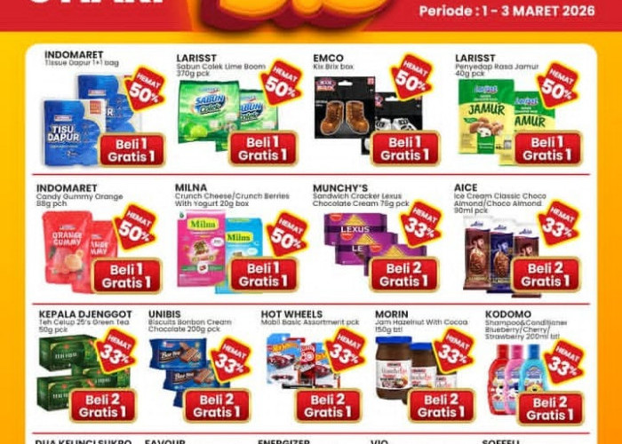 Tanggal Kembar 3.3, Promo Indomaret Hari Ini Hanya Tiga Hari 1 - 3 Maret 2026, Beli 1 Gratis 1
