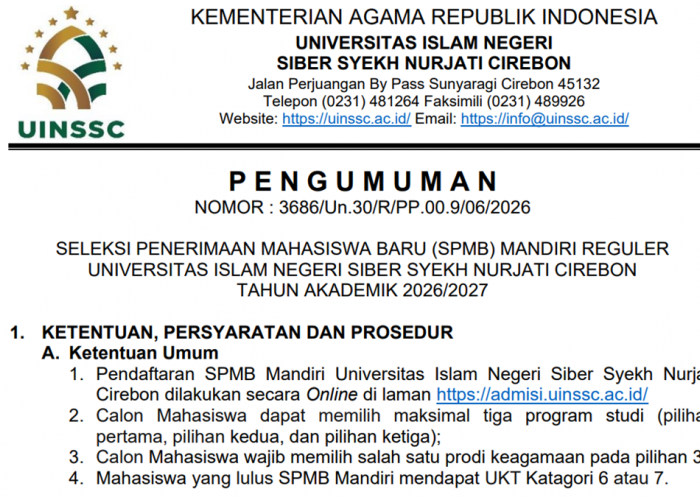 UIN Siber Syekh Nurjati Cirebon Buka SPMB Mandiri 2026, Sediakan Puluhan Program Studi Unggulan