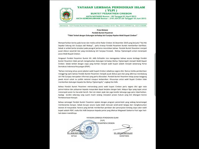 Pondok Buntet Pesantren Tidak Terkait dengan Dukungan kepada Istri Sunjaya Nyalon Wakil Bupati Cirebon