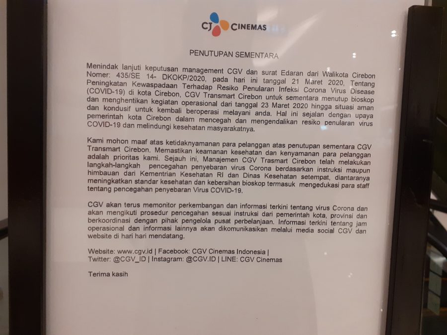 Cirebon Tanggap Darurat, Bioskop CGV Tutup Sementara