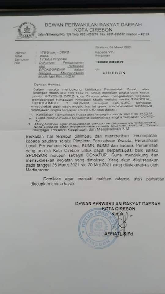 Surat Sponsorhip Ketua DPRD Kota Cirebon Beredar Sampai ke Luar Kota